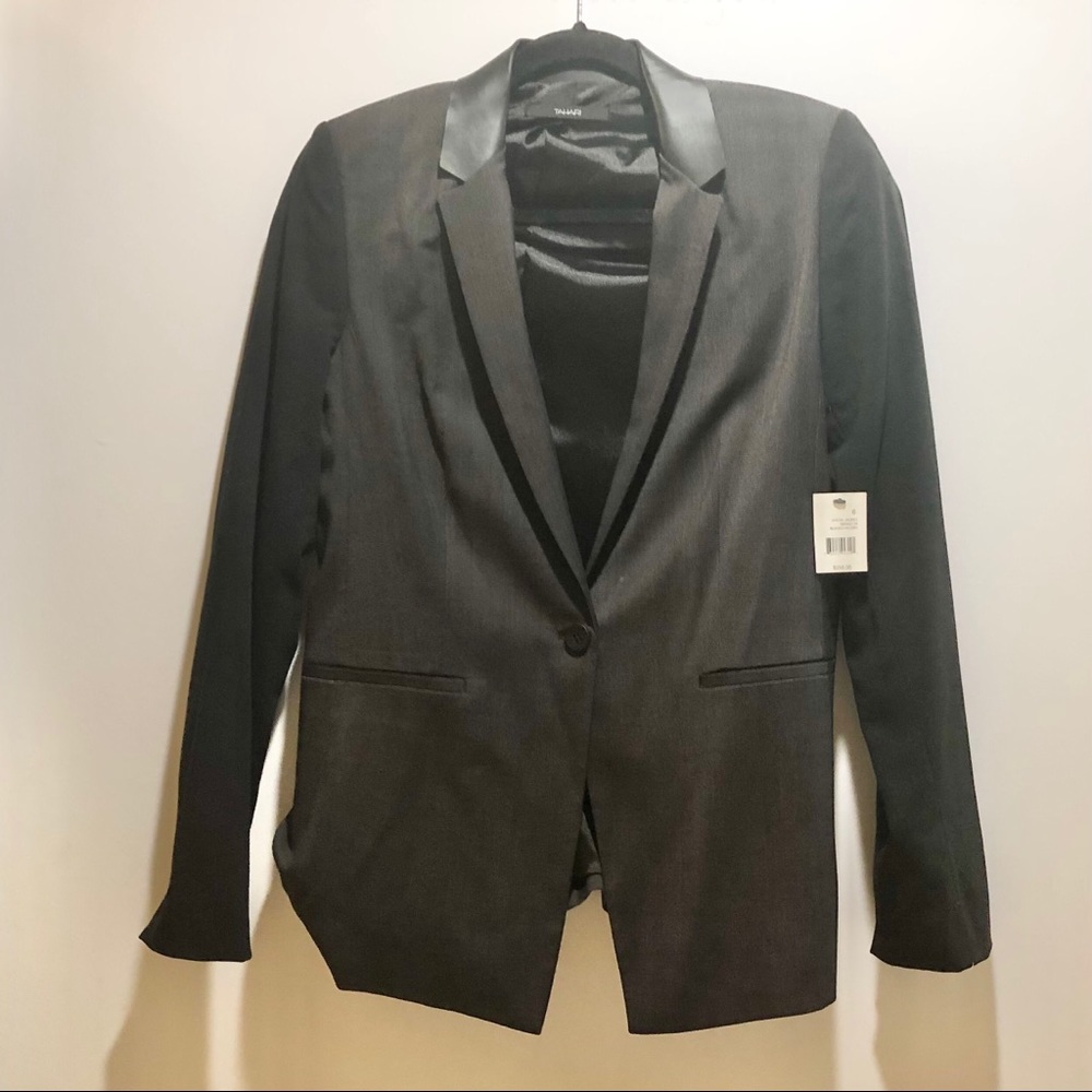 TAHARI CHARCOAL BLACK BLAZER W/ FAUX LEATHER LAPEL